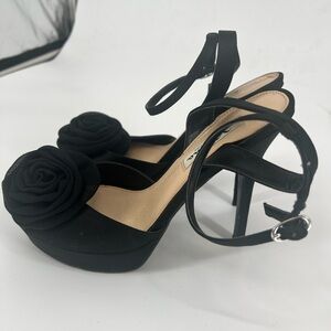 Nina Black Rose Accent Platform Heels with Ankle Strap
